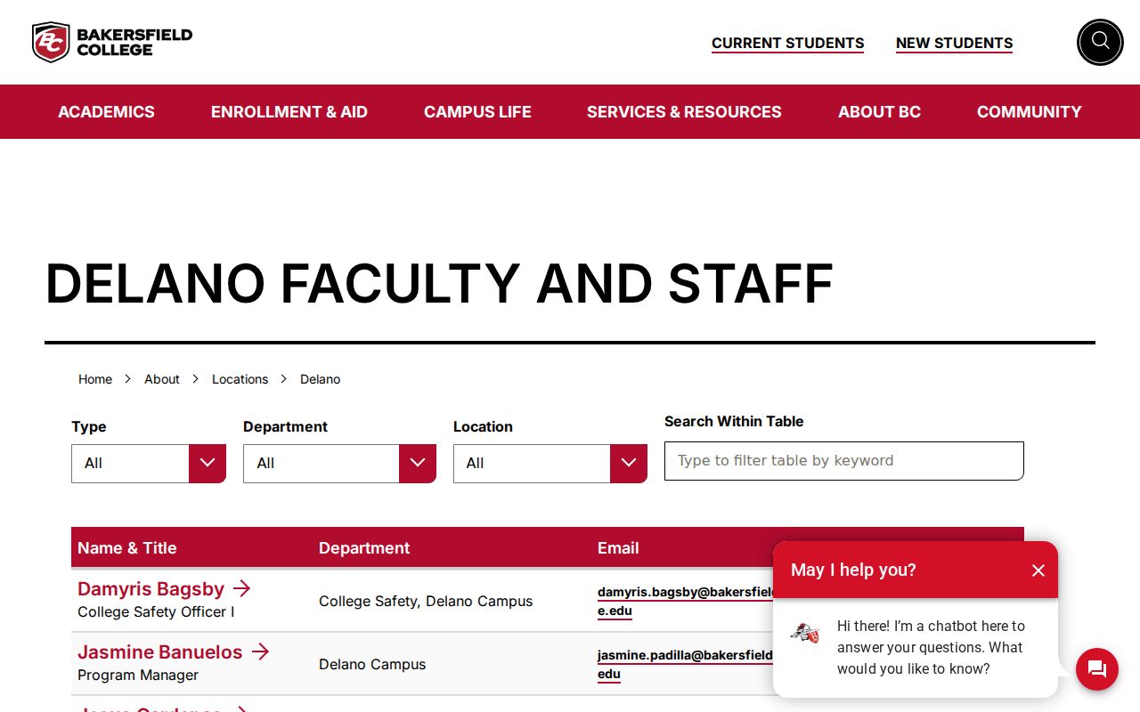 Delano people directories screenshot of Bakersfield College Delano faculty and staff directory