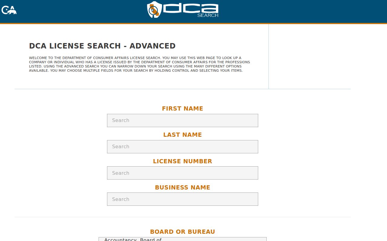 Delano people directories screenshot of California DCA advanced license search fields