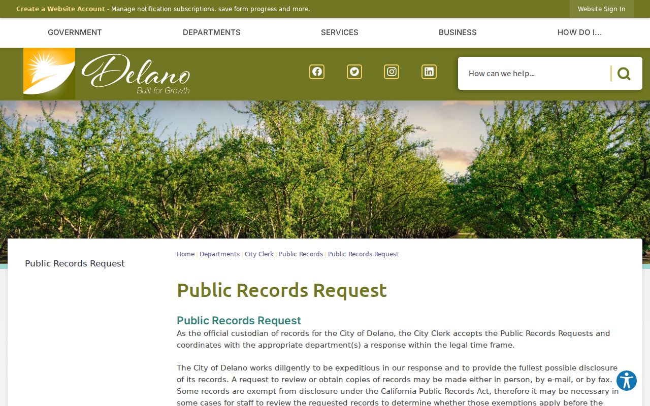 Delano public records request page for city records