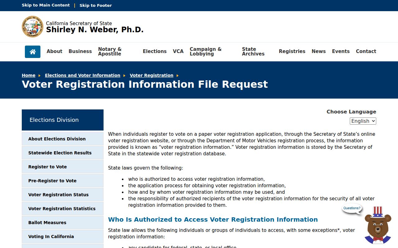 Delano voter registration records California voter file request page